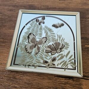 Vtg 70s Butterfly Fern Etched Mirror Gallery Wall Art Gold Metal Frame Square